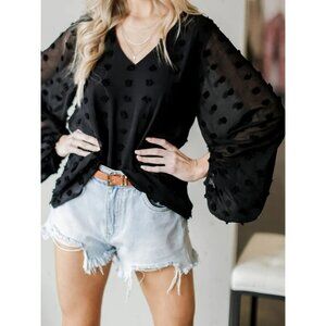 Jodifl Black Polyester Textured V-Neck Long Sheer Balloon Sleeve Blouse Size L